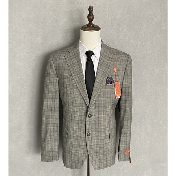 Tallia Men's 40 Long Suit Jacket Stretch Wool Blend Cream/Brown Plaid NEW